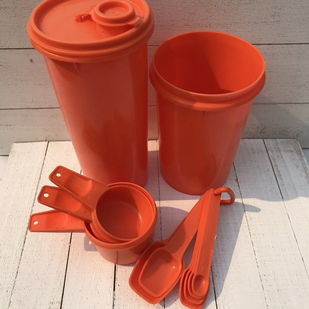 Vtg Tupperware Orange Lot Measuring Spoons Cups Container Lid College Set 12 Pc